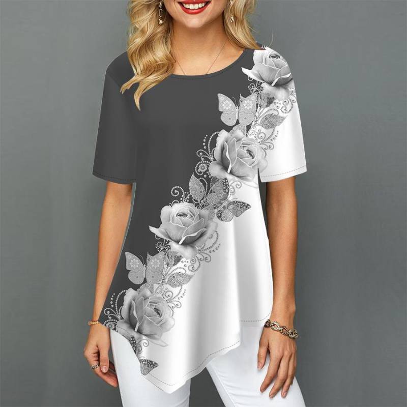 Frauen Plus Größe Damen T-shirts Rose Kranz Drucken Lose Beiläufige Tops Weibliche Unregelmäßige Sommer Kleidung 8XL von Joom DACH