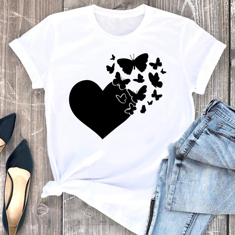 Frauen Print T Top Sommer Mode T-shirt Liebe Herz Schmetterling Süße Trend Frau Weibliche T Kleidung Kurzarm Grafik T-shirts 4XL von Joom DACH