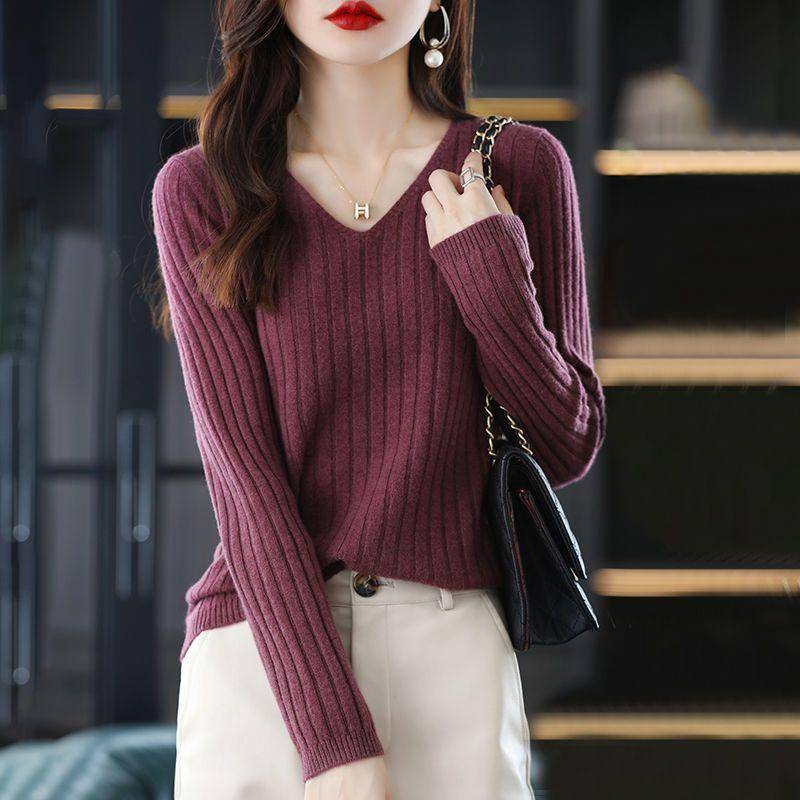 Frauen Pullover Langarm Top Gestrickte Pullover V-ausschnitt Mode Pullover Frau Winter Grundlegende Weibliche Kleidung Soild OL Pullover S bordeaux von Joom DACH
