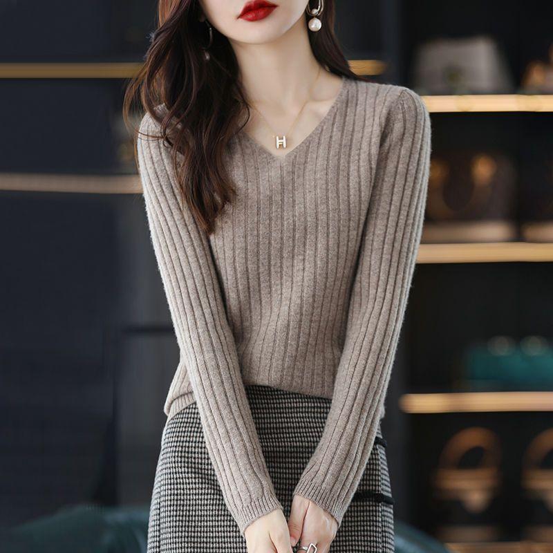Frauen Pullover Langarm Top Gestrickte Pullover V-ausschnitt Mode Pullover Frau Winter Grundlegende Weibliche Kleidung Soild OL Pullover XXL hellbraun von Joom DACH