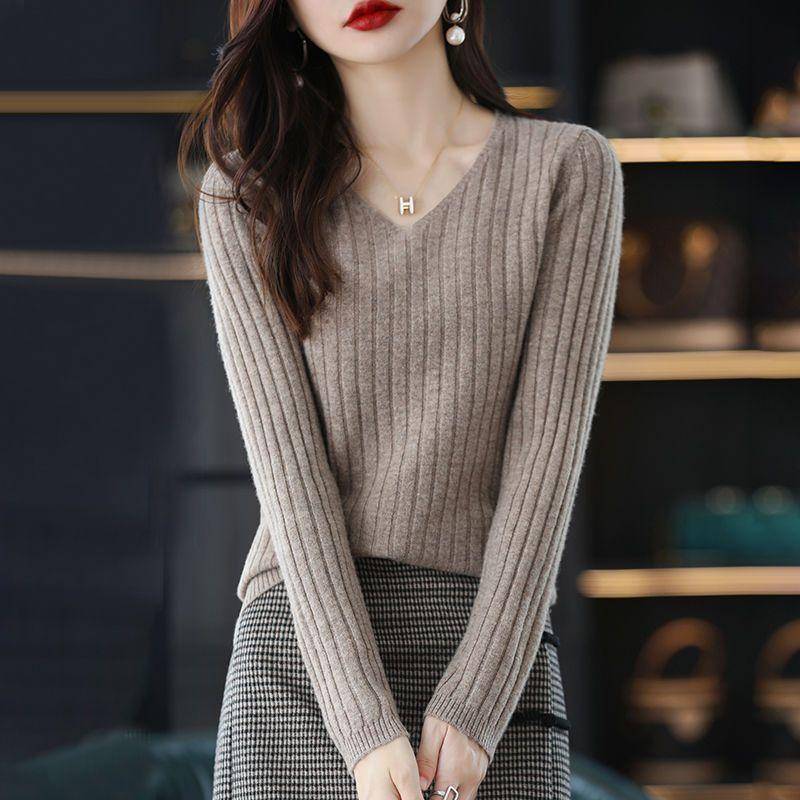 Frauen Pullover Langarm Top Gestrickte Pullover V-ausschnitt Mode Pullover Frau Winter Grundlegende Weibliche Kleidung Soild OL Pullover XXL hellbraun von Joom DACH