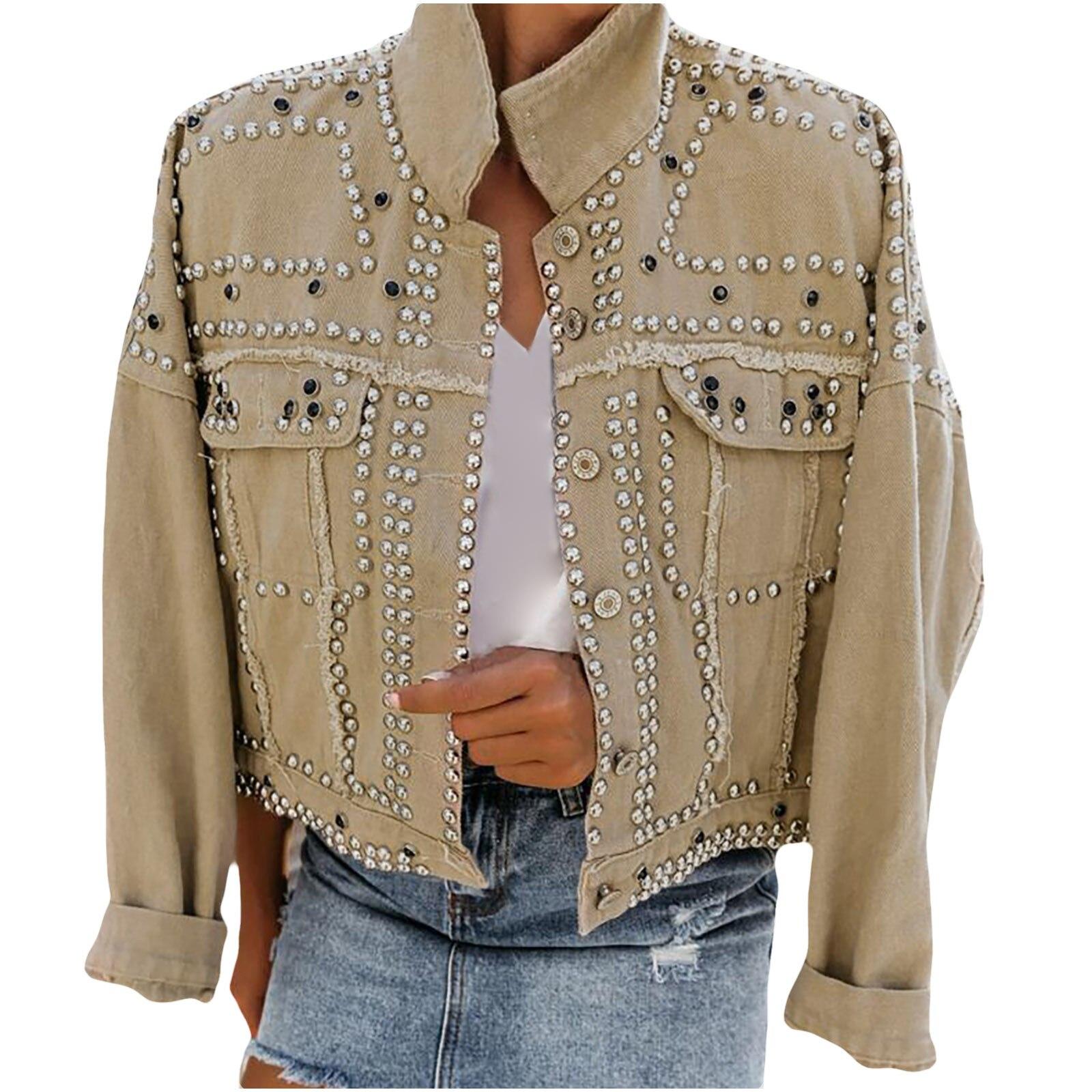 Frauen Punk Jacken Mode Perlen Umlegekragen Mantel Outwear Kurze Wasch Denim Lokomotive Wind Jacke M khaki von Joom DACH