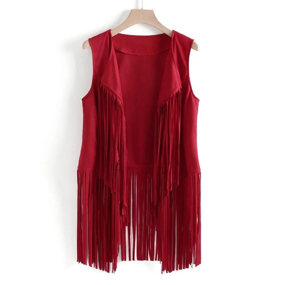 Frauen Retro 70er Jahre Hippie Faux Wildleder ärmellose Quasten Fransen Weste Cardigan Jacke L rot von Joom DACH