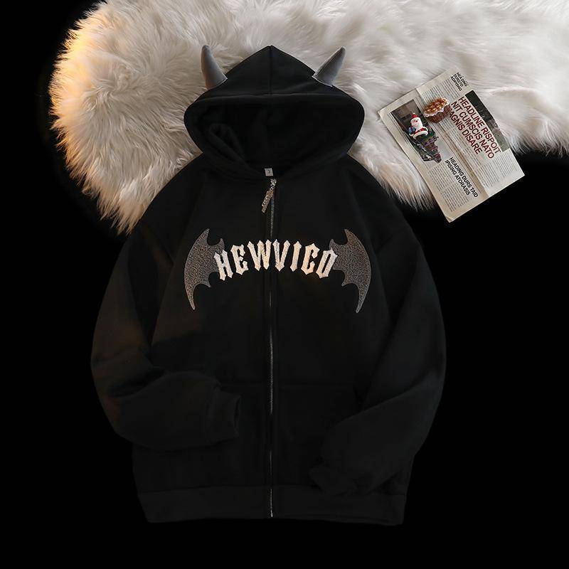 Frauen Retro Devil Horns Hoodie Y2K Oversize Zip Brief Stickerei Sweatshirts Harajuk High Street Langarm Kapuzenjacke Tops M schwarz von Joom DACH