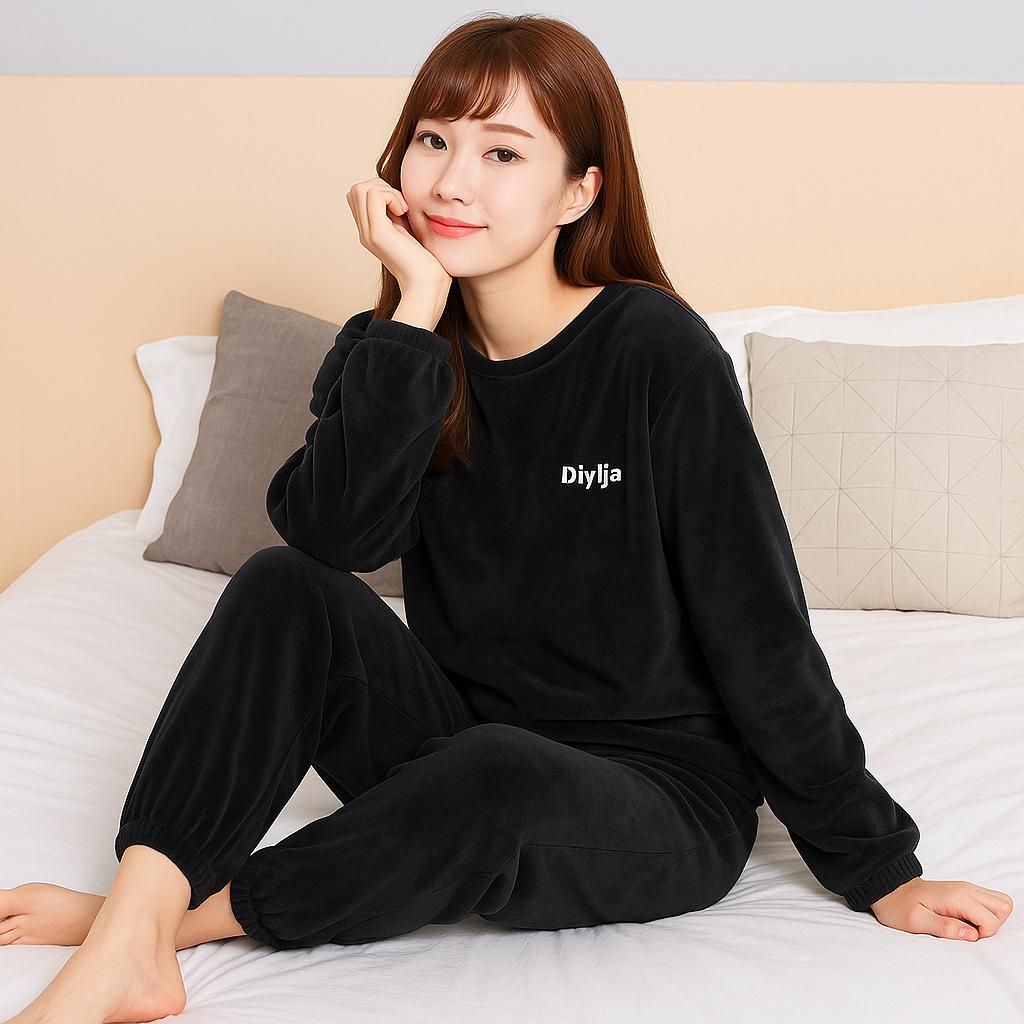 Frauen Samt Pyjama Set Lose Pullover Und Elastische Taille Hosen Hause Casual Warme Fleece Sets Frauen 2024 Herbst Winter L(70kg-90kg) schwarz von Joom DACH