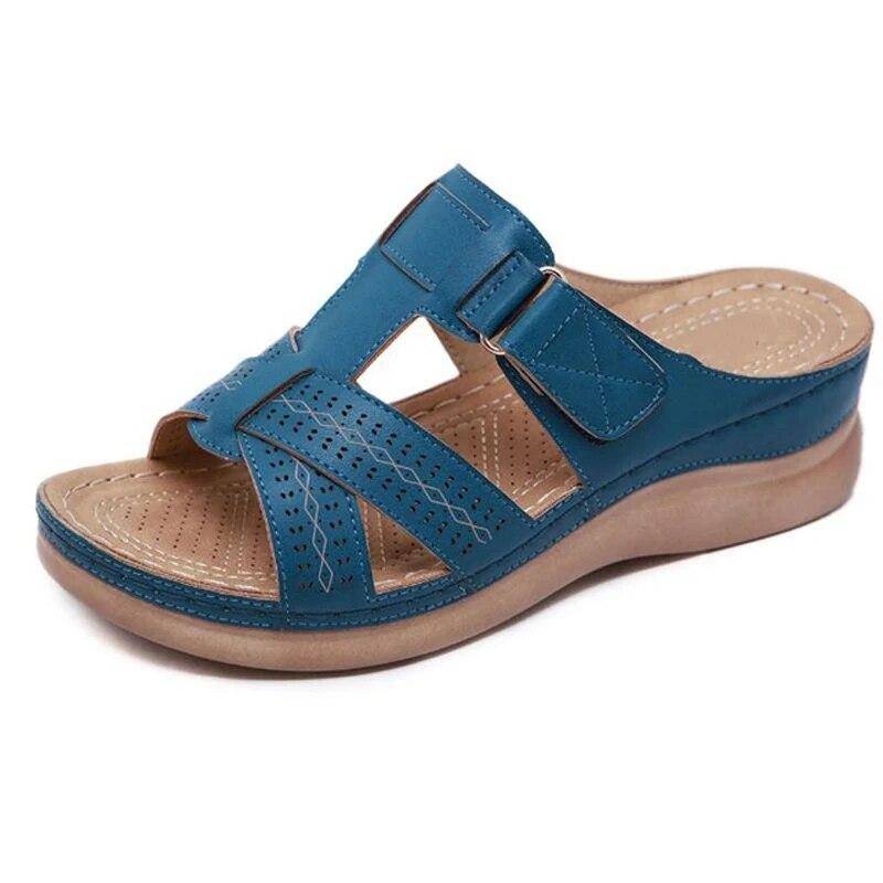 Frauen Sandalen Keil Sommer Premium Orthopädische Offene spitze Sandalen Vintage Anti-slip Leder Casual Weibliche Plattform Retro Schuhe 43 blau von Joom DACH
