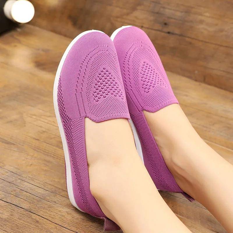 Frauen Schuhe Gestrickte Turnschuhe Damen Mesh Atmungsaktive Slip Frau Vulkanisierte Schuhe Wohnungen Frühling Weiblichen Wanderschuhe Schuhe 37 violett von Joom DACH
