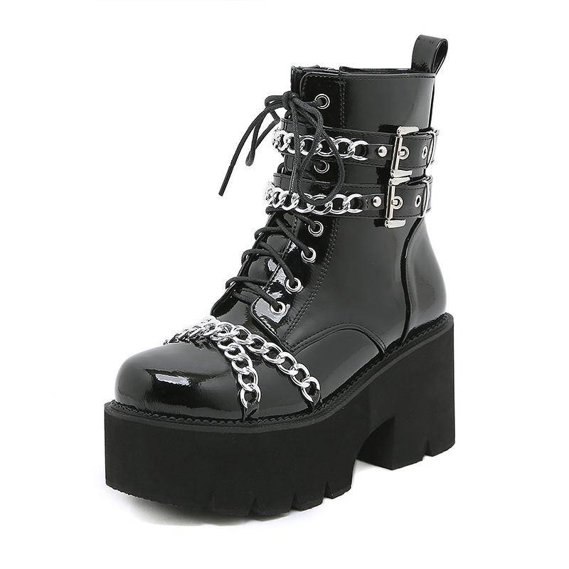 Frauen Schuhe Stiefel Schwarz Dunkel Cool Starke Untere Plattform Harajuku Schuhe Mit Metall Kette Gothic Punk Mädchen Schuhe Schuhe 38 schwarz von Joom DACH