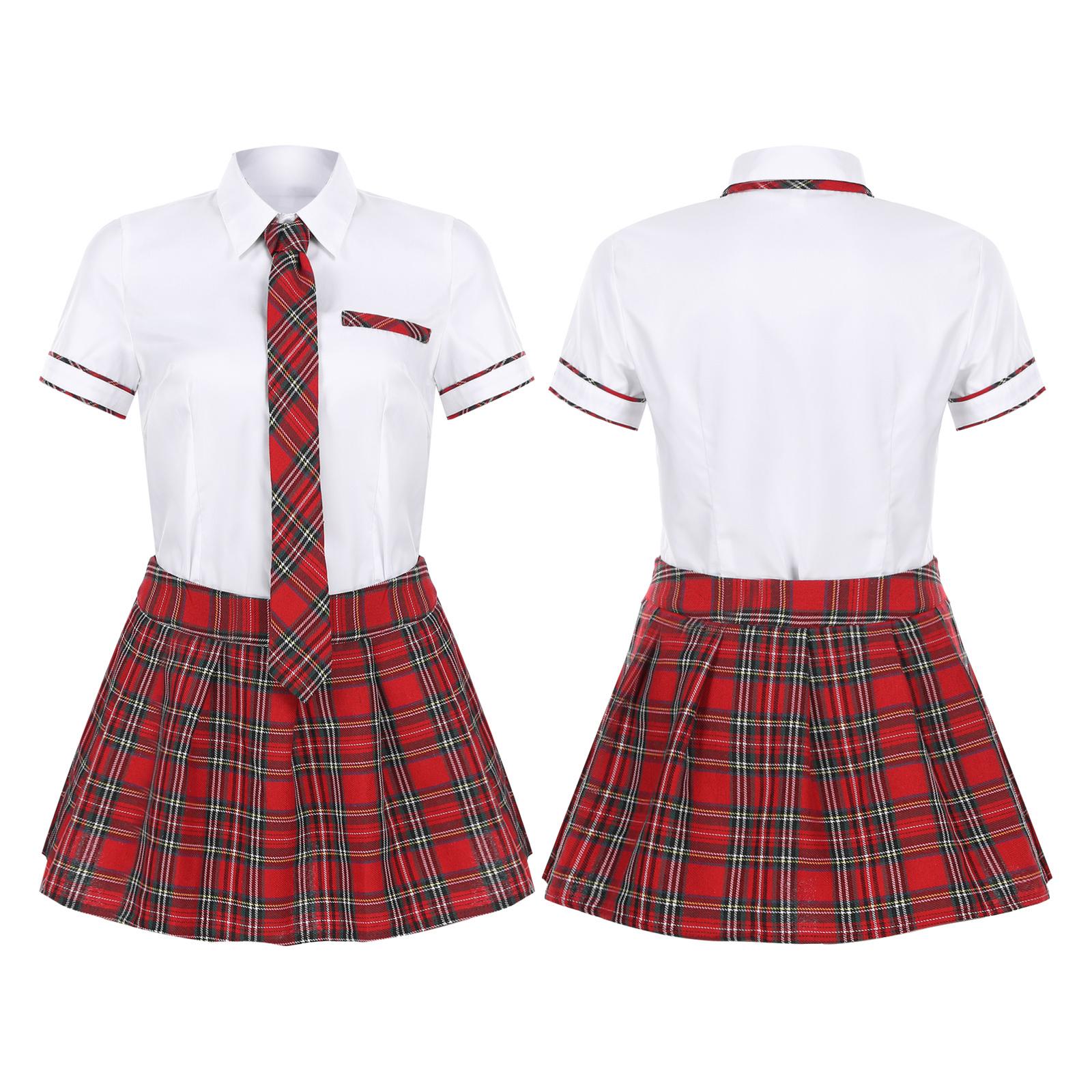 Frauen Schuluniform Cosplay Set Kurzarm Shirt mit kariertem Rock Kostüm M von Joom DACH