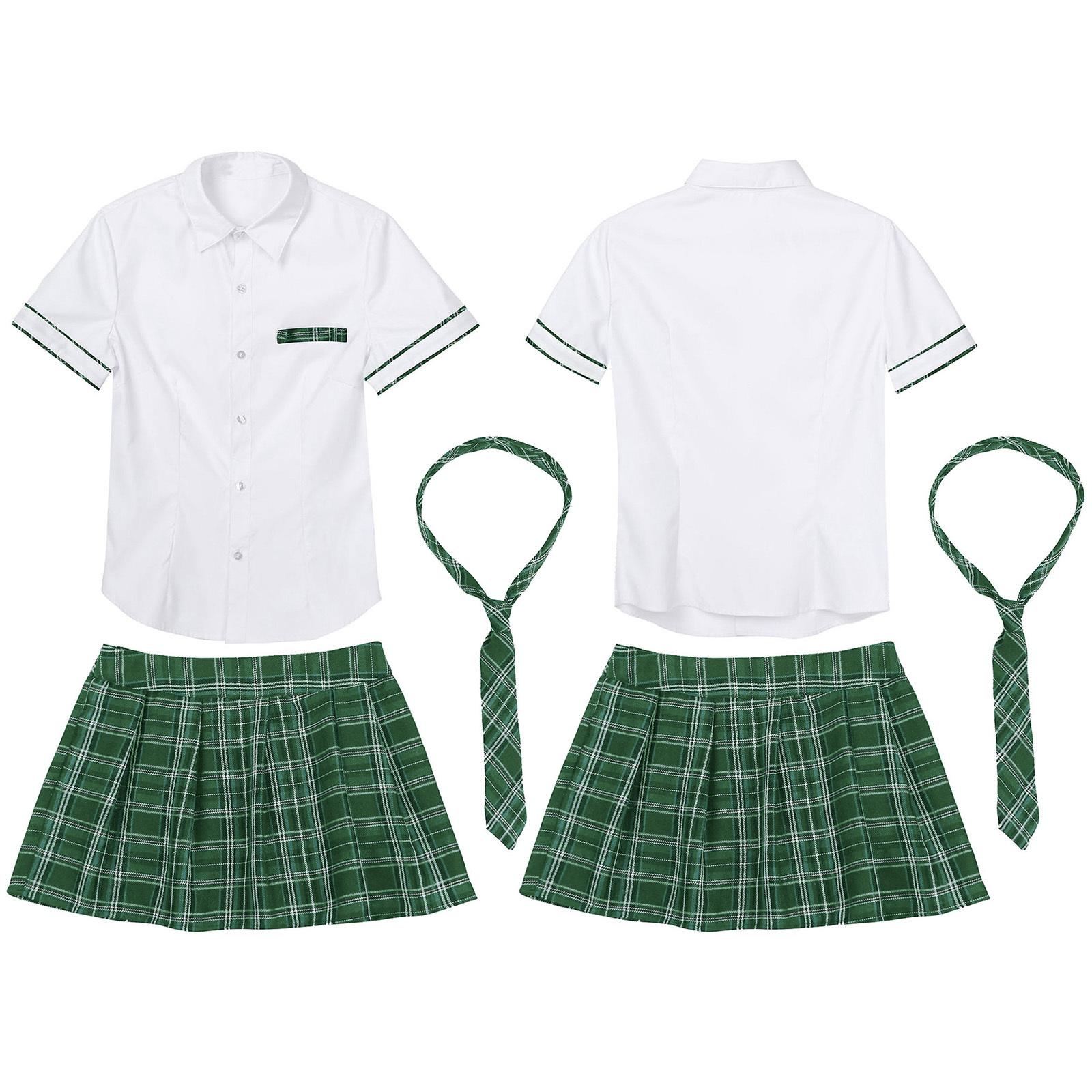 Frauen Schuluniform Cosplay Set Kurzarm Shirt mit kariertem Rock Kostüm S grün von Joom DACH