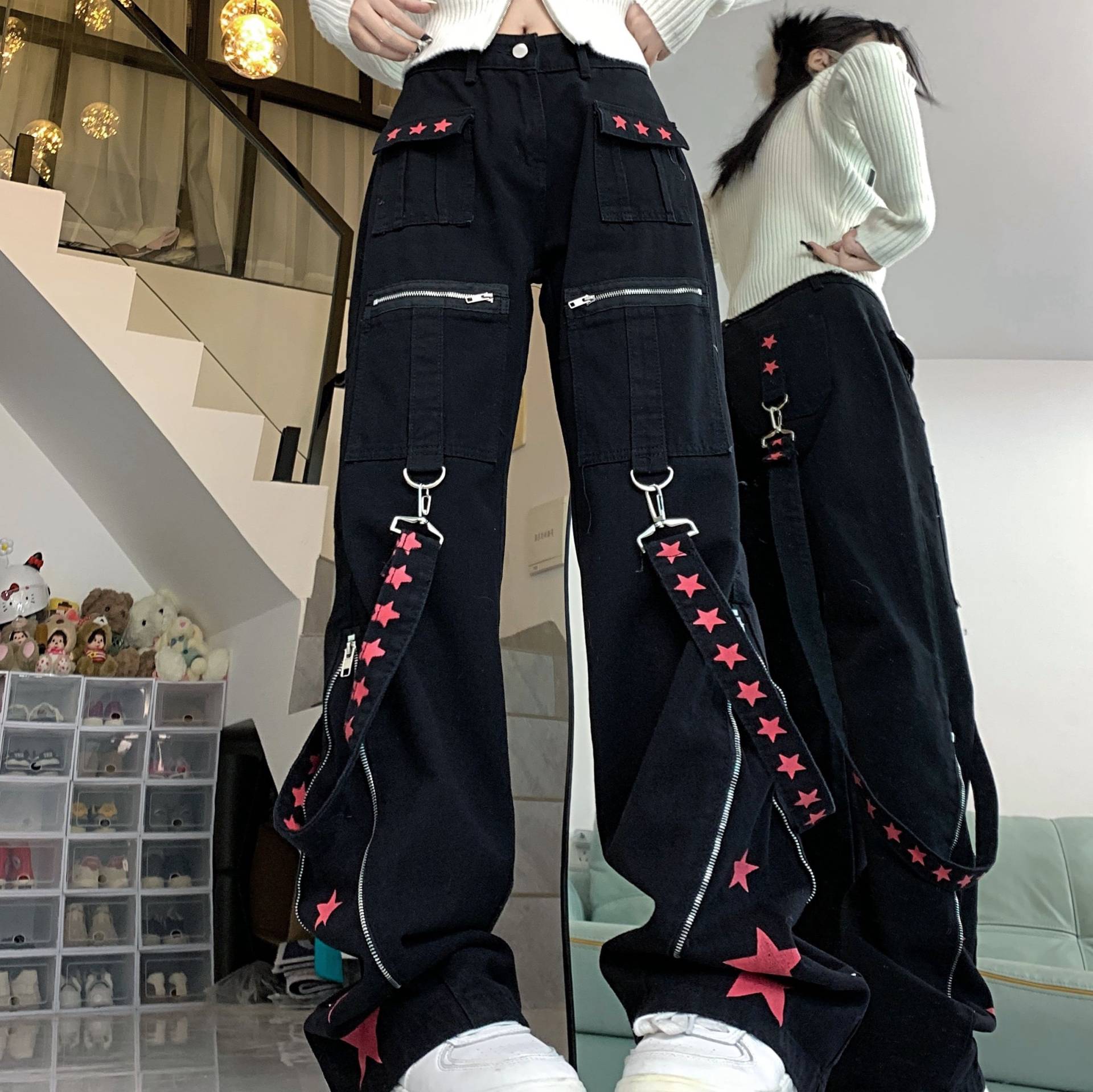 Frauen Schwarz Gothic Baggy Cargo Jeans Harajuku Vintage Denim Hose Cowboy Hosen 90er Jahre Kleidung S schwarz von Joom DACH