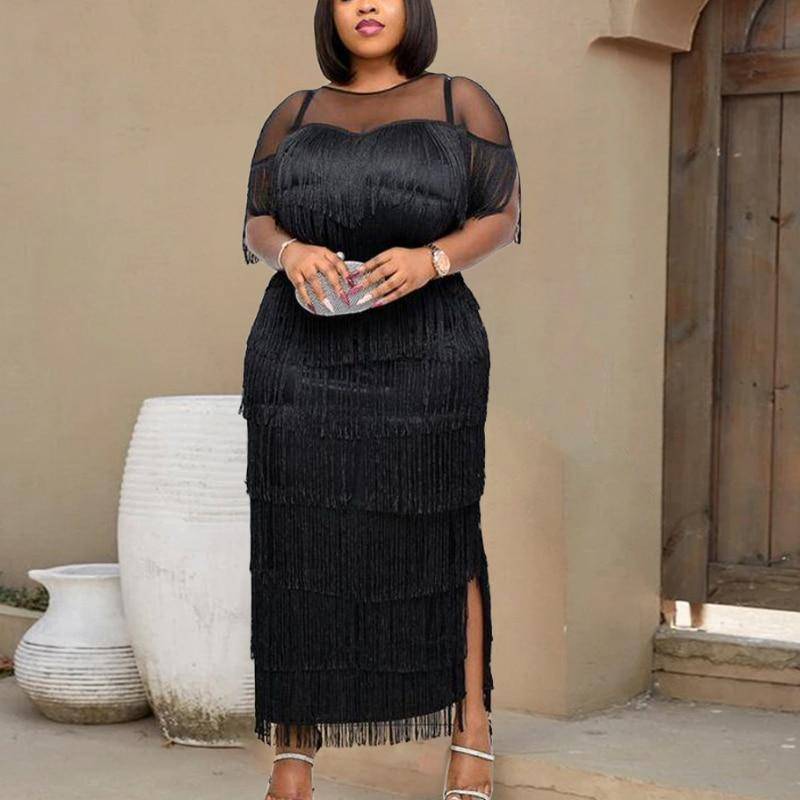 Frauen Schwarz Quaste Langes Kleid Patchwork Mesh Durchsichtig Party Event Enge, Figurbetonte Ballkleider Plus Größe XXXL schwarz von Joom DACH
