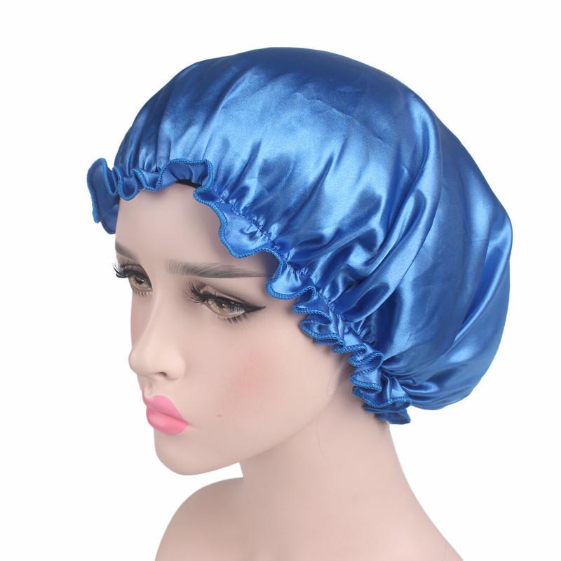 Frauen Seide Satin Nacht Schlaf Kappe Dusche Caps Haar Pflege Schönheit Motorhaube Hut Kopf Abdeckung Gummiband Badezimmer Dusche Caps blau von Joom DACH