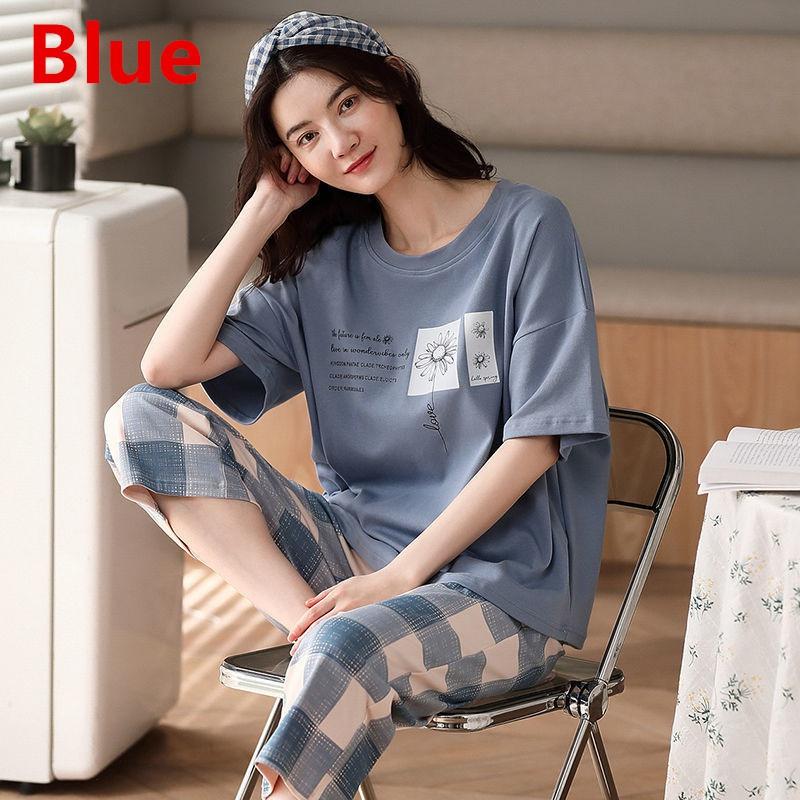 Frauen Sets Nette Cartoon Print Pyjamas Mode Lässig Hause Service Kurzen ärmeln Shorts 2PCS Femme Nachtwäsche Plus Größe XL blau von Joom DACH