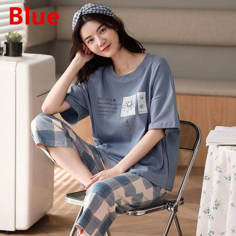 Frauen Sets Nette Cartoon Print Pyjamas Mode Lässig Hause Service Kurzen ärmeln Shorts 2PCS Femme Nachtwäsche Plus Größe XL blau von Joom DACH