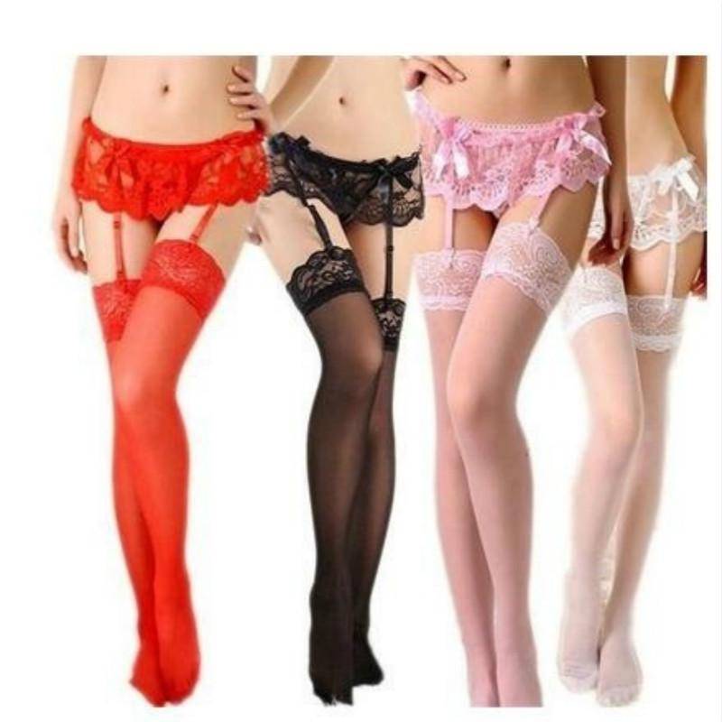 Frauen Sexy Spitze Top Oberschenkel-Hohe Strümpfe Strumpfband Strapse Strumpfhosen Nachtwäsche One size rosa von Joom DACH