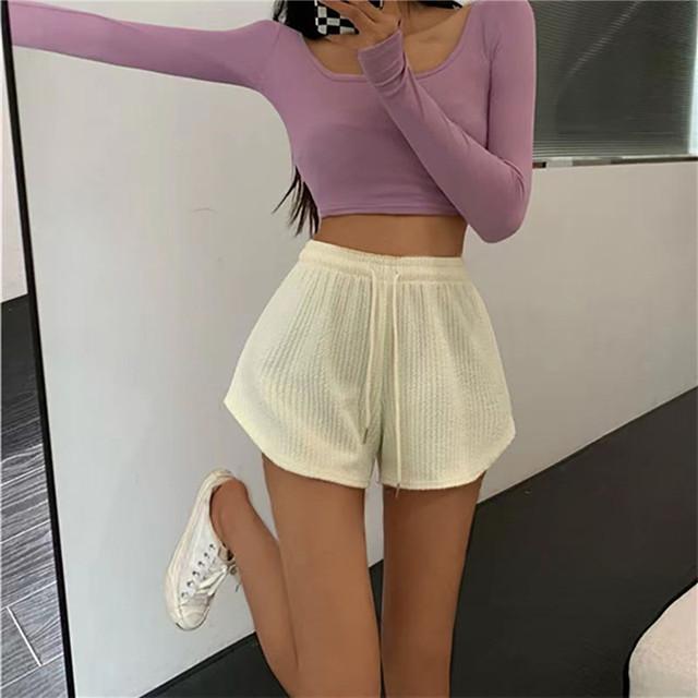 Frauen Shorts Sommer Hohe Elastische Spitze Up Kordelzug Breite Bein Schweiß Kurze Fitness Lauf Shorts Lose Beiläufige Große Sport Hosen XL apricot von Joom DACH