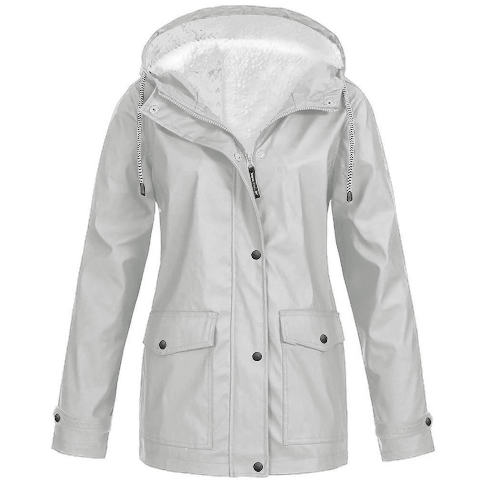 Frauen Solide Plüsch Regen Outdoor Plus Größe Mit Kapuze Regenmantel Winddichte Jacke Mantel XXL graue von Joom DACH