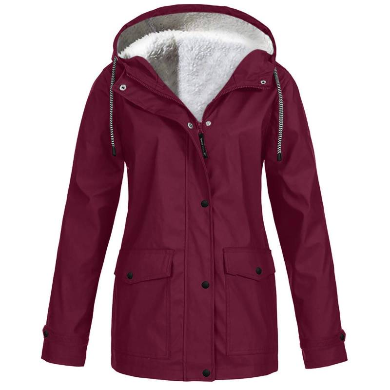 Frauen Solide Plüsch Regen Outdoor Plus Größe Mit Kapuze Regenmantel Winddichte Jacke Mantel XXXL weinrot von Joom DACH