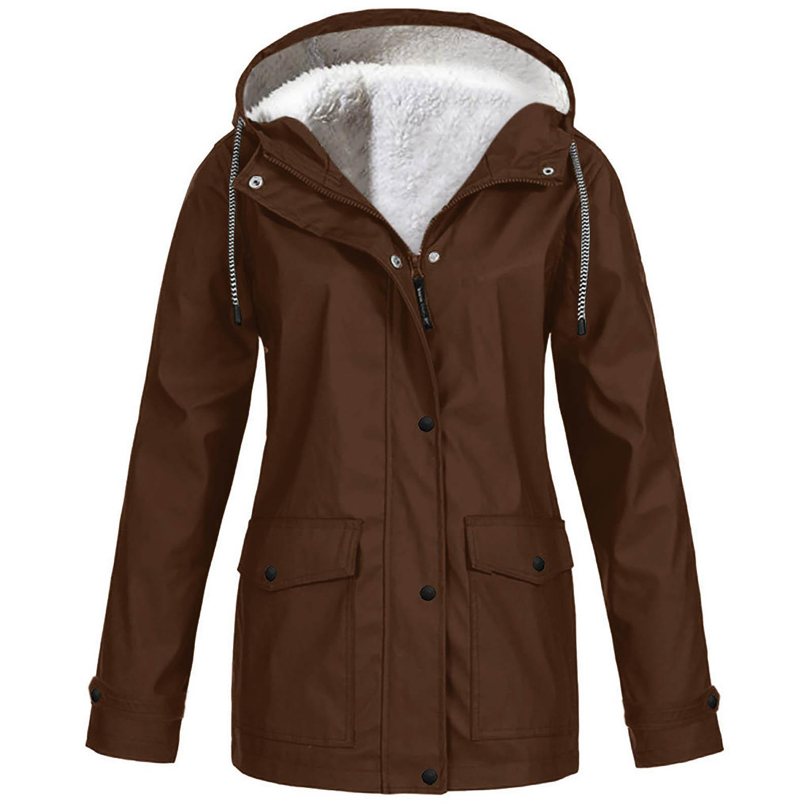 Frauen Solide Plüsch Regen Outdoor Plus Größe Mit Kapuze Regenmantel Winddichte Jacke Mantel XXXXXL braun von Joom DACH