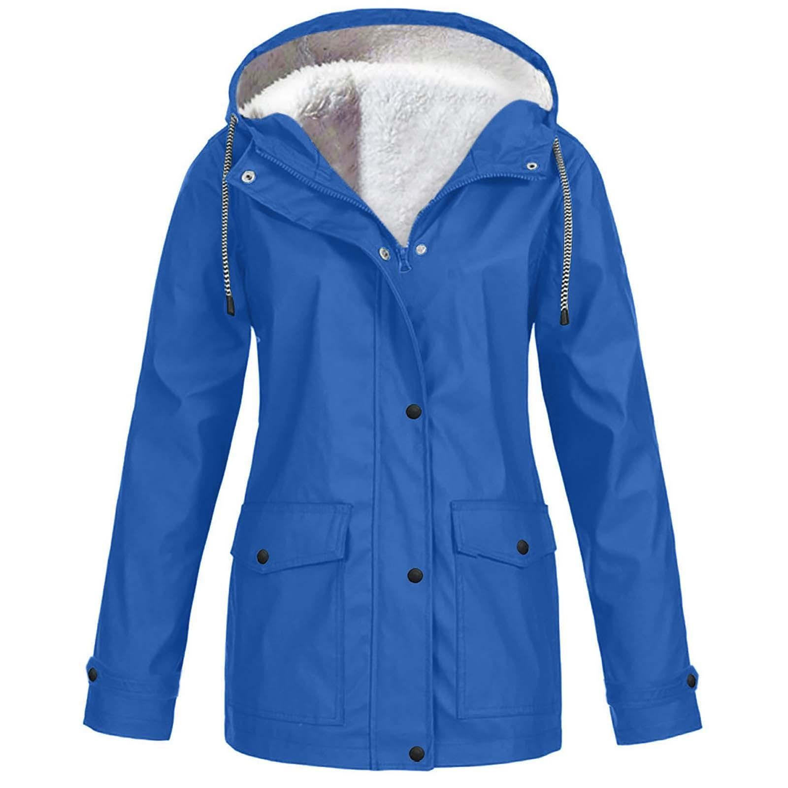 Frauen Solide Plüsch Regen Outdoor Plus Größe Mit Kapuze Regenmantel Winddichte Jacke Mantel XXXXXL blau von Joom DACH