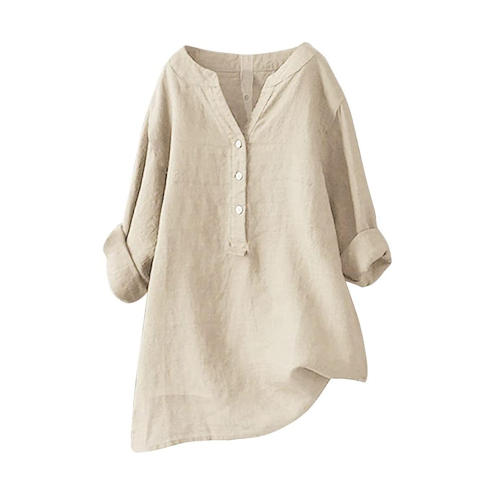 Frauen Solide Stehkragen Langarm Hemd Casual Lose Bluse Button-Down-Tops XXL beige von Joom DACH