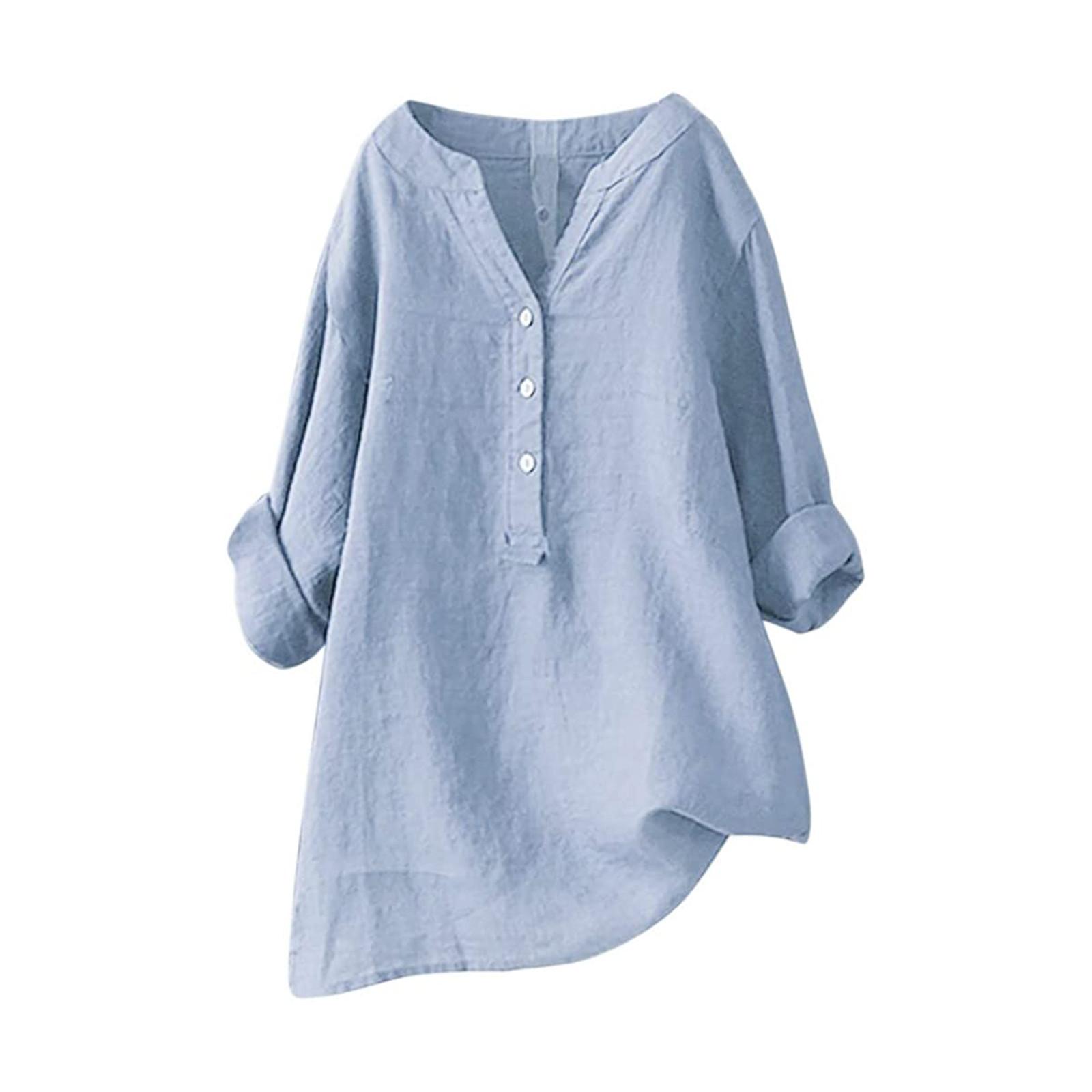 Frauen Solide Stehkragen Langarm Hemd Casual Lose Bluse Button-Down-Tops XXL himmelblaue von Joom DACH