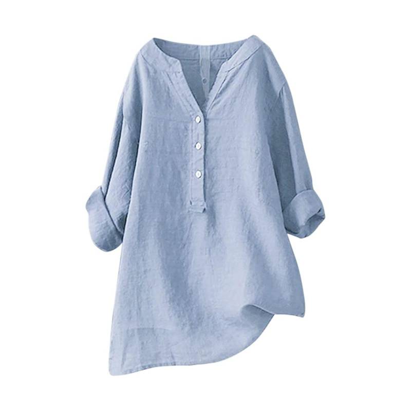 Frauen Solide Stehkragen Langarm Hemd Casual Lose Bluse Button-Down-Tops XXL himmelblaue von Joom DACH