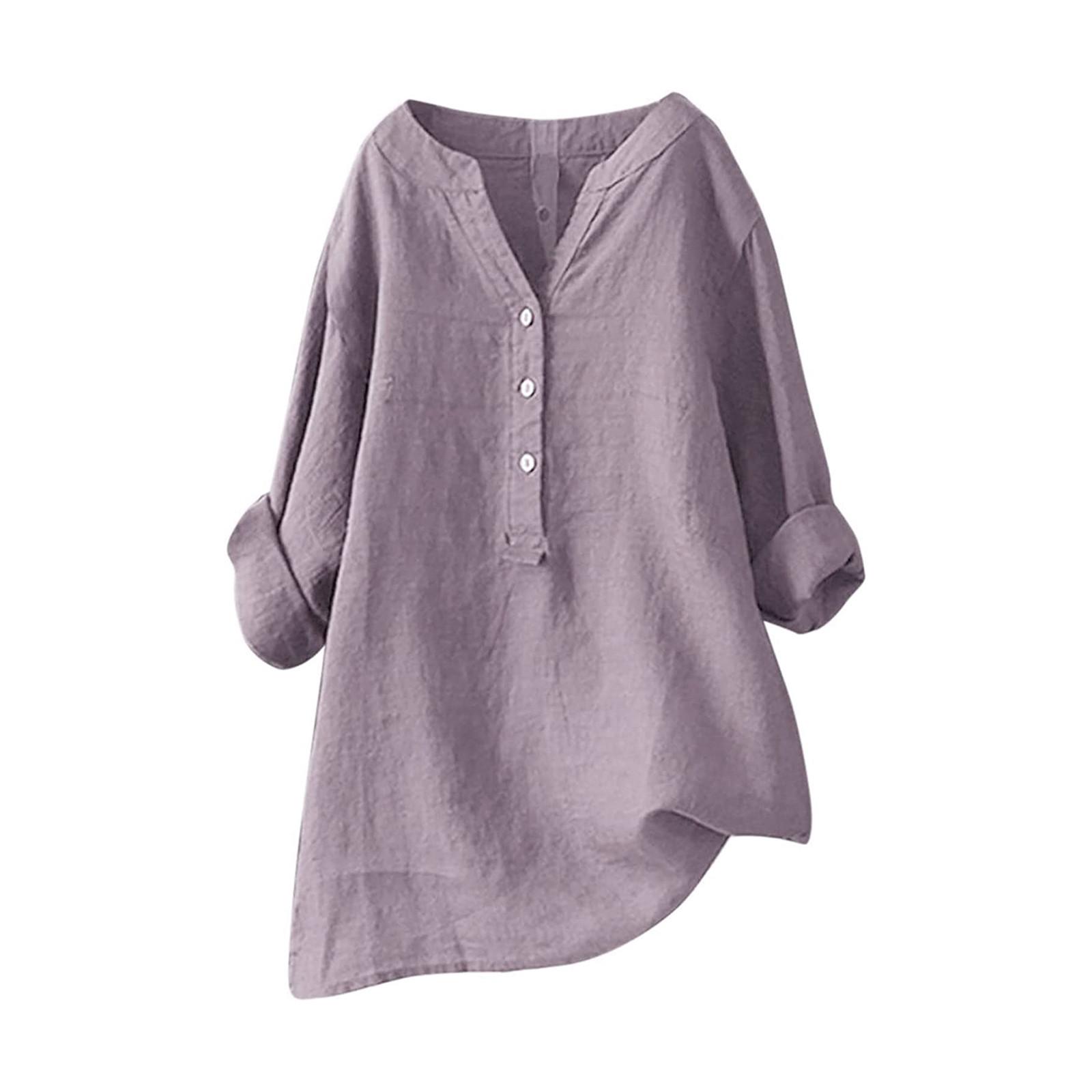 Frauen Solide Stehkragen Langarm Hemd Casual Lose Bluse Button-Down-Tops XXL licht lila von Joom DACH