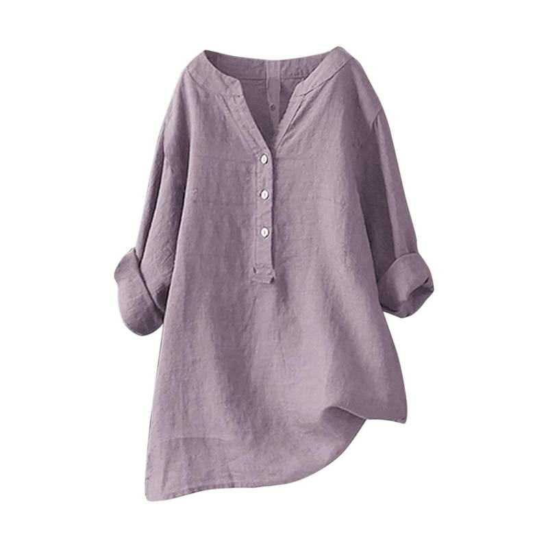 Frauen Solide Stehkragen Langarm Hemd Casual Lose Bluse Button-Down-Tops XXL licht lila von Joom DACH