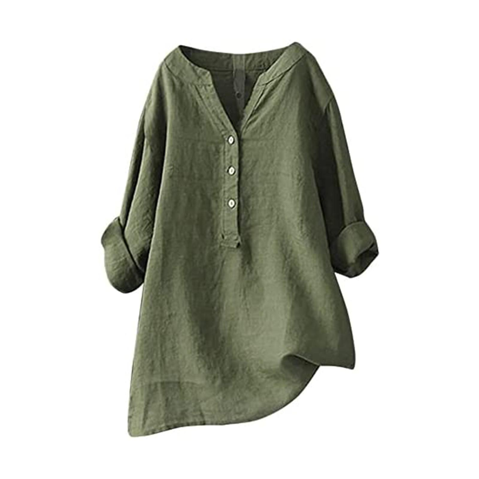 Frauen Solide Stehkragen Langarm Hemd Casual Lose Bluse Button-Down-Tops XXXXXL armee grüne von Joom DACH