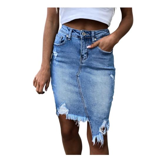Frauen Sommer Denim Rock Hohe Taille Taste Zipper Fly Mini Rock Ripped Löcher S von Joom DACH