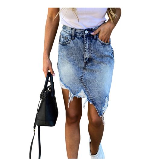 Frauen Sommer Denim Rock Hohe Taille Taste Zipper Fly Mini Rock Ripped Löcher XL hellblaue von Joom DACH