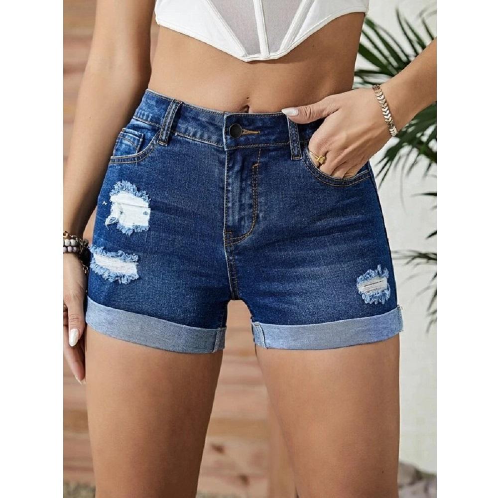 Frauen Sommer Denim Shorts Hohe Taille Ripped Loch Stretch Jeans Kurze Hosen Damen Casual Shorts M navy blau von Joom DACH