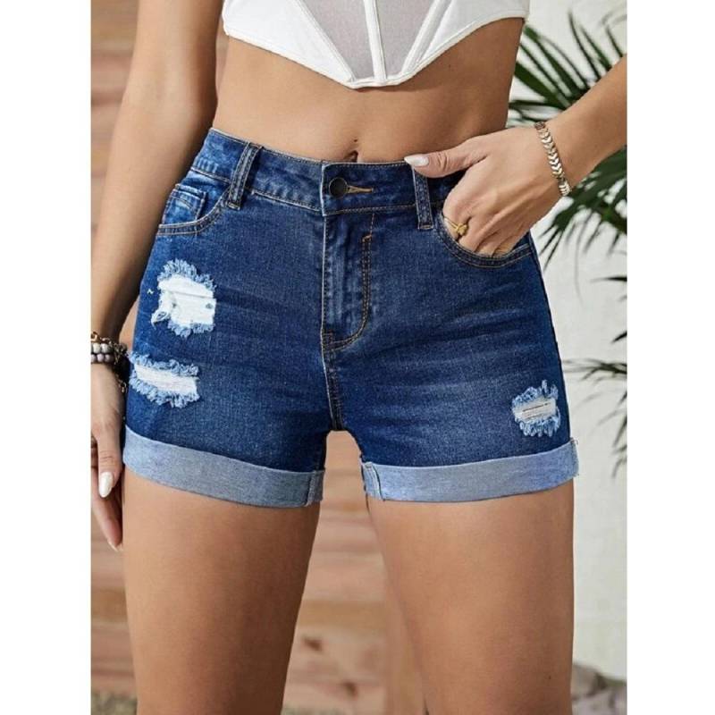 Frauen Sommer Denim Shorts Hohe Taille Ripped Loch Stretch Jeans Kurze Hosen Damen Casual Shorts M navy blau von Joom DACH