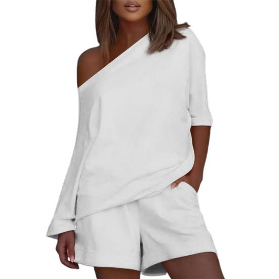 Frauen Sommer Einfarbig 2 Teile/satz Trainingsanzug Eine schulter Kurze Hosen Freizeit Top Set für Den Täglichen Verschleiß 2XL weiß von Joom DACH