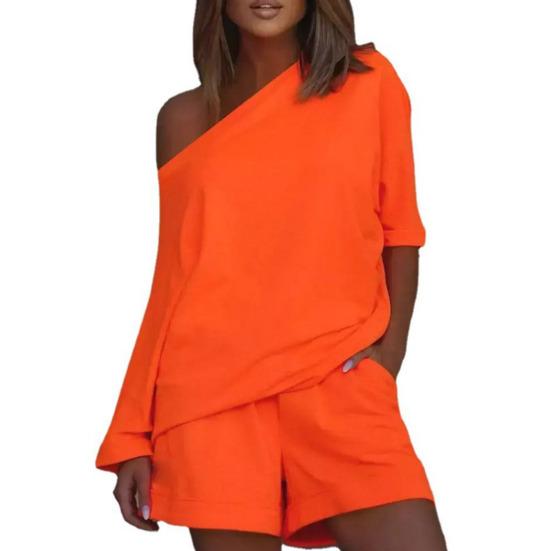 Frauen Sommer Einfarbig 2 Teile/satz Trainingsanzug Eine schulter Kurze Hosen Freizeit Top Set für Den Täglichen Verschleiß L orange von Joom DACH