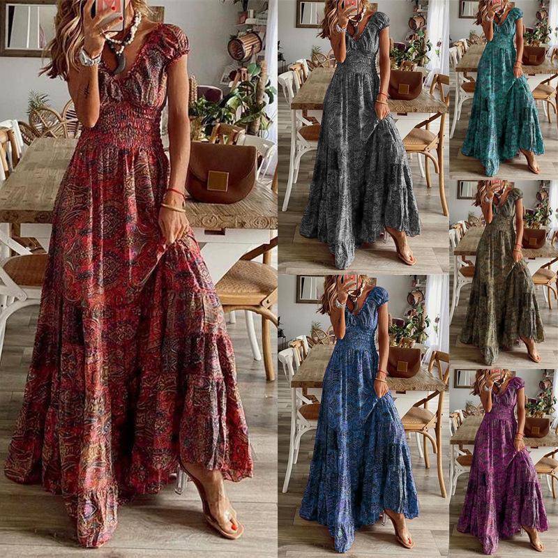 Frauen Sommer Kurzarm Lose Strand Kleider Retro Muster Druck Böhmischen Langes Kleid Frühling V-ausschnitt Hohe Taille 3XL von Joom DACH