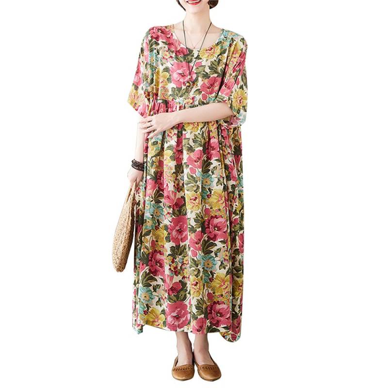 Frauen Sommer Lose Kleid Vintage Gedruckt mit Taschen Kurze Ärmel Rundhals Drop Schulter Casual rosa von Joom DACH