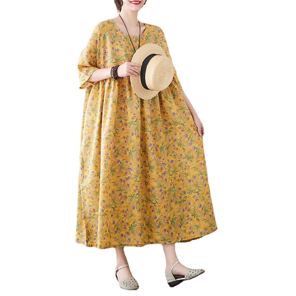 Frauen Sommer Lose Kleid Vintage Gedruckt mit Taschen Kurze Ärmel Rundhals Drop Schulter Casual gelb von Joom DACH