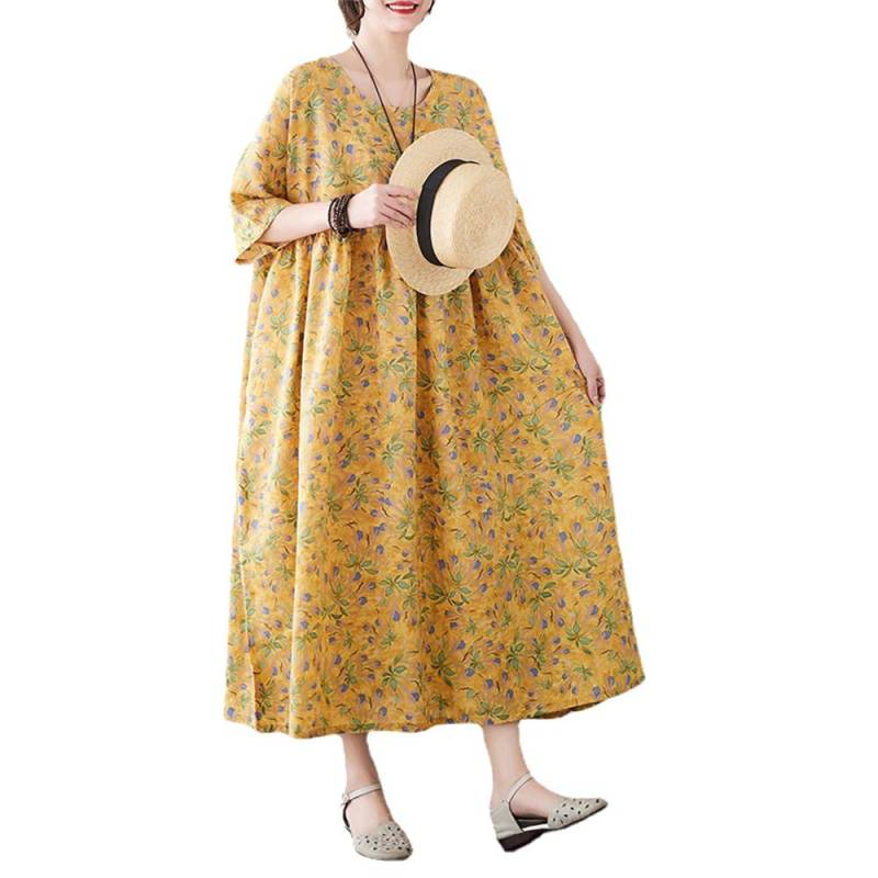 Frauen Sommer Lose Kleid Vintage Gedruckt mit Taschen Kurze Ärmel Rundhals Drop Schulter Casual gelb von Joom DACH