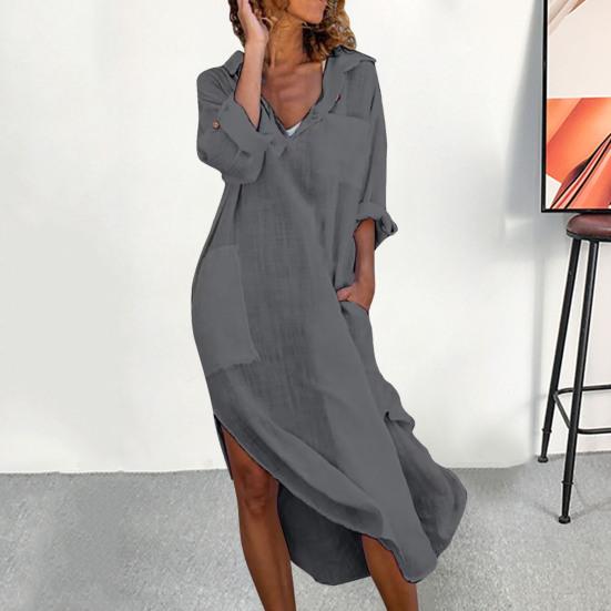 Frauen Sommer Revers V-ausschnitt Hemd Kleid Einfarbig Taschen Design Seite Split Lose Fit Dünne Midi Kleid Strand Urlaub kleid S dunkelgraue von Joom DACH