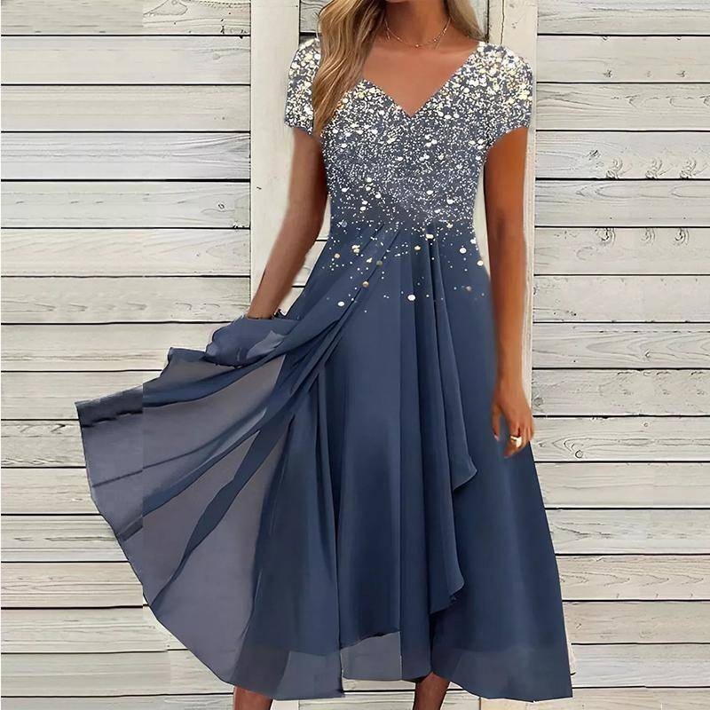 Frauen Sommer V-ausschnitt Kurzarm Swing Kleid Abend Cocktail Party Midi Kleid Plus Größe L blau von Joom DACH