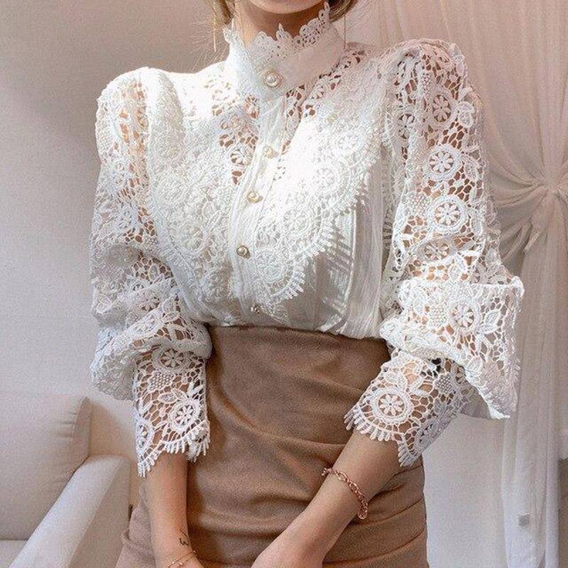 Frauen Spitze Blusen Blütenblatt Hülse Frauen Bluse Chic Taste Aushöhlen Blume Spitze Patchwork Weißes Hemd Top Weibliche Kleidung XXXXL weiß von Joom DACH