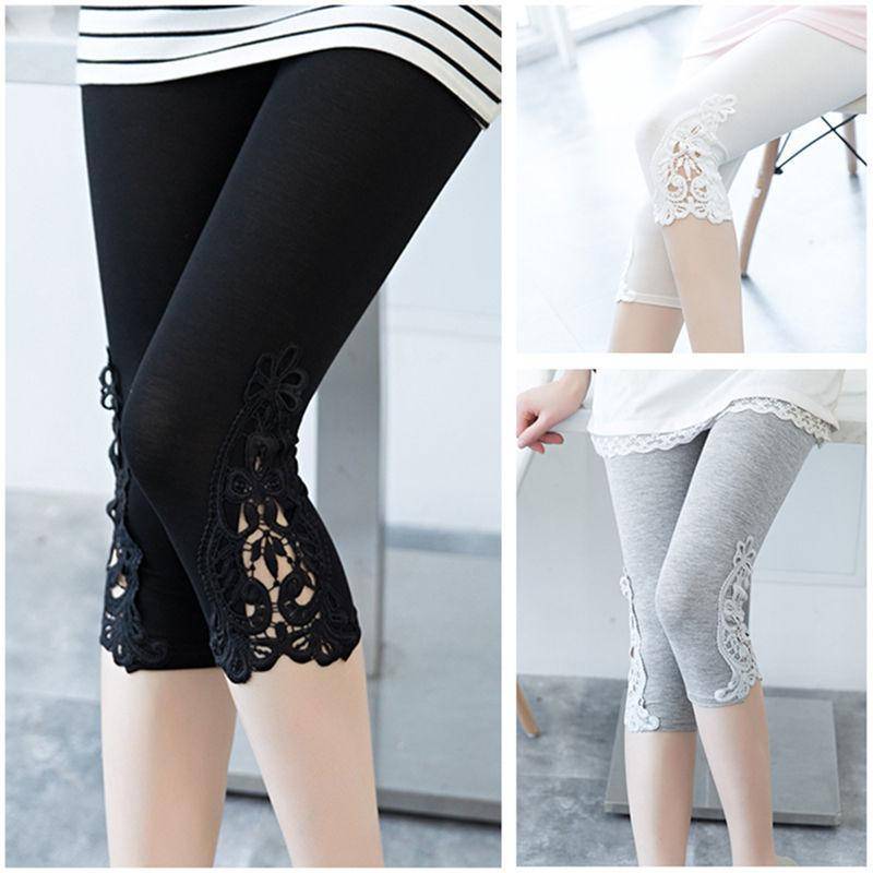 Frauen Spitze Hohl Leggings Weibliche Kurze Mitte Wade Capris Dünne Hosen XXXL schwarz von Joom DACH