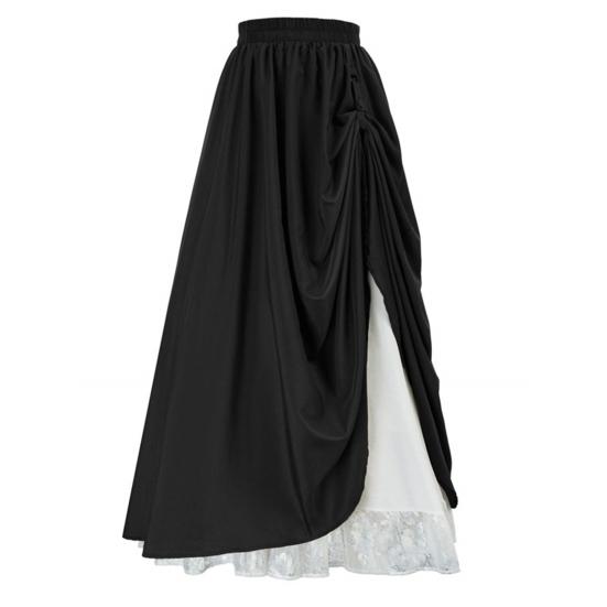 Frauen Spitze Nähte Seite Plissee Maxi Rock Einfarbig Doppel Schicht Langen Rock Elastische Hohe Taille Retro A-linie Rock M schwarz von Joom DACH