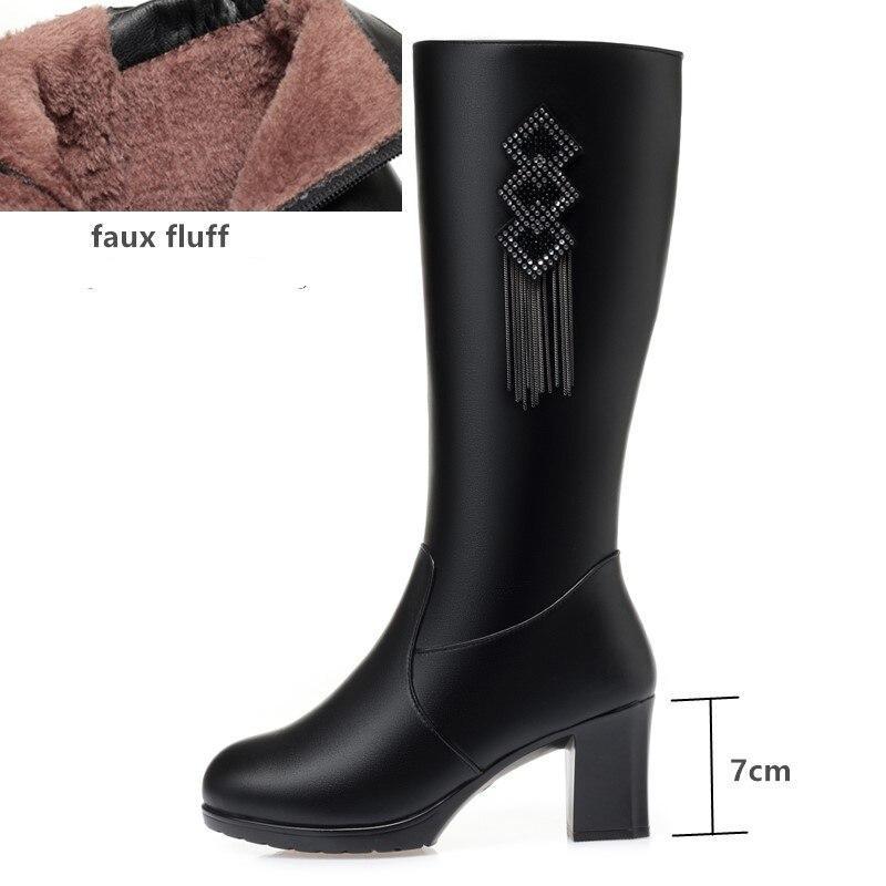 Frauen Stiefel High Heel Winter Echtes Leder Natürliche Wolle Warme Frauen Kleid Stiefel Quaste Hohe Stiefel Damen 35 von Joom DACH