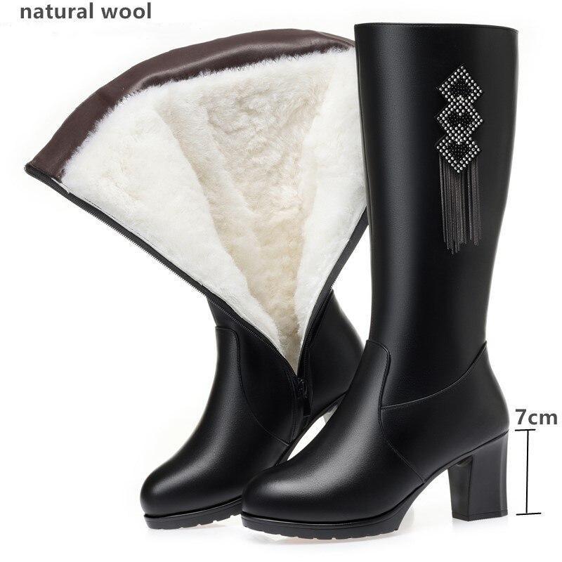 Frauen Stiefel High Heel Winter Echtes Leder Natürliche Wolle Warme Frauen Kleid Stiefel Quaste Hohe Stiefel Damen 37 von Joom DACH