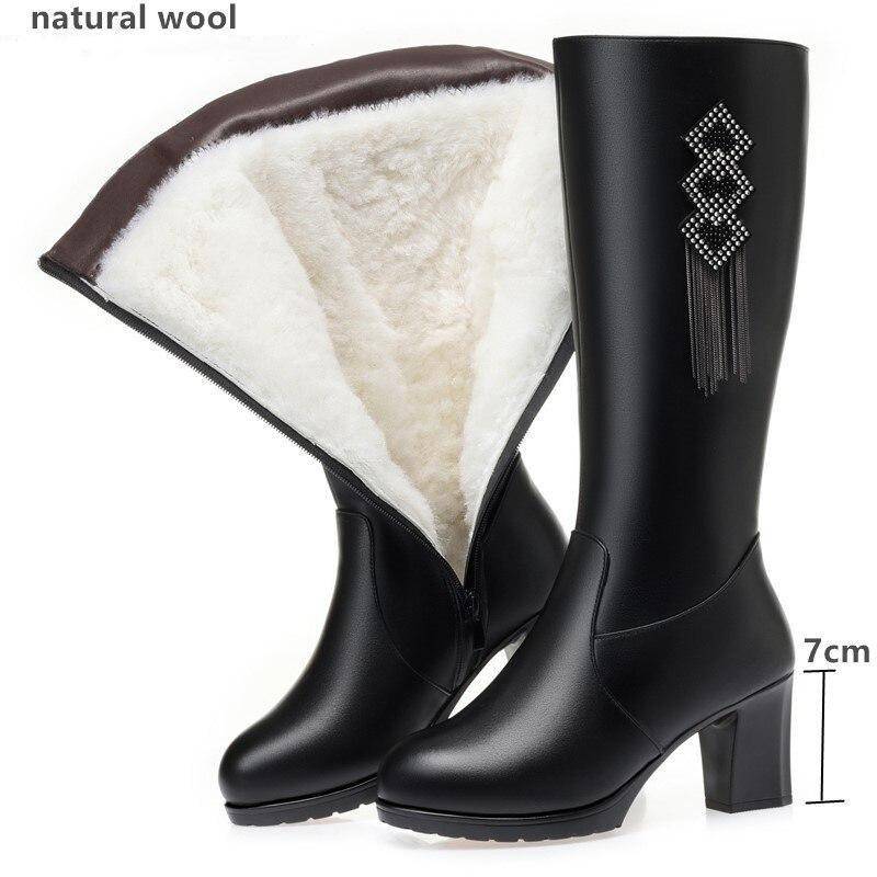 Frauen Stiefel High Heel Winter Echtes Leder Natürliche Wolle Warme Frauen Kleid Stiefel Quaste Hohe Stiefel Damen 37 von Joom DACH