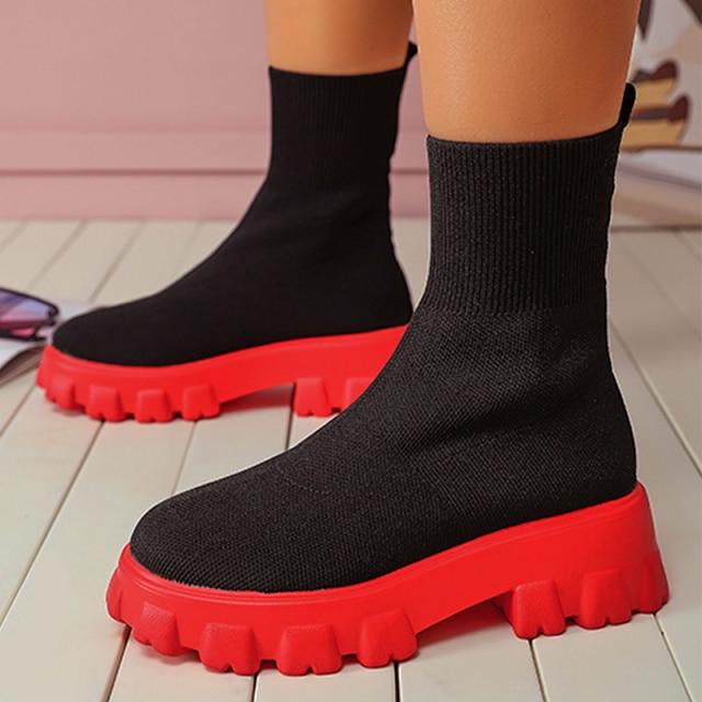 Frauen Stiefel Slip On Western Stiefeletten Plattform Gestrickte Damen Herbst Socken Stiefel für Frauen Mode Weibliche Booties 40 rot von Joom DACH